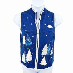 MERCER STREET STUDIO BLUE & WHITE CHRISTMAS HOLIDAY SWEATER VEST SNOWFLAKES TREE